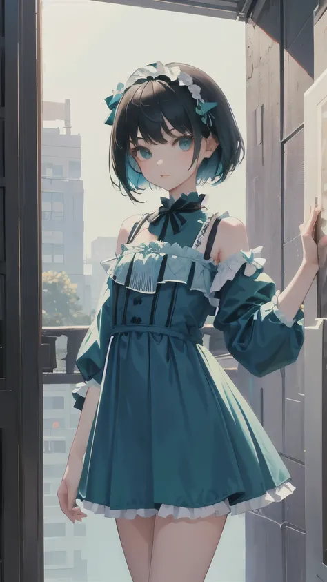 (short cute girl，small young student，young delicate girl）,（masterpiece，Top quality)，blue green lolita outfit，shorts，black hair