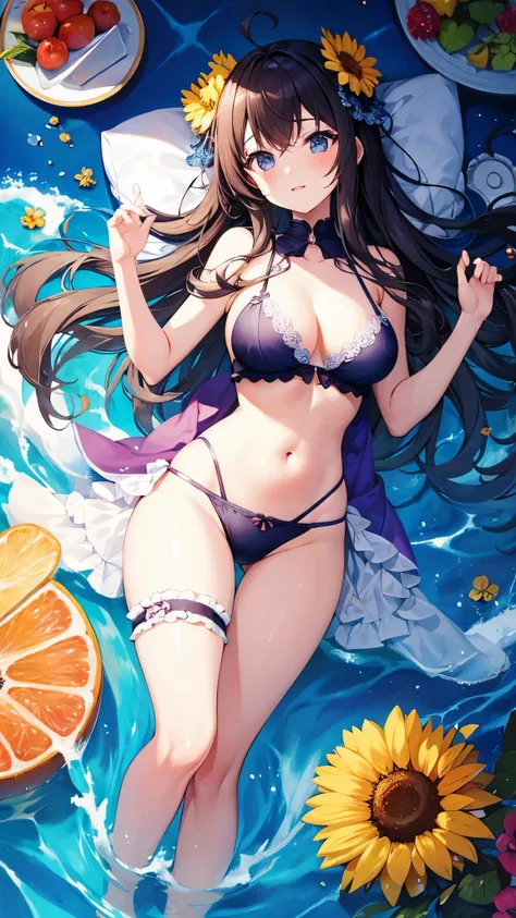 table top、High resolution、1 girl、cute anime illustration、Only in underwear、floral lingerie、shiny appearance、big and full breasts、