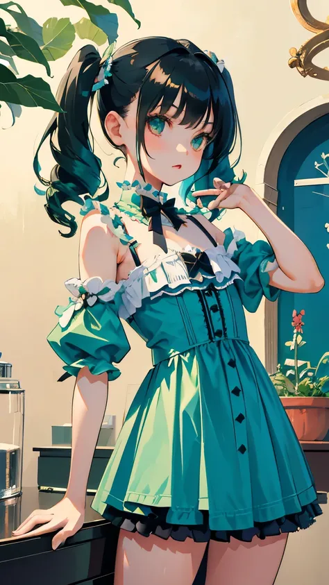 (short cute girl，small young student，young delicate girl）,（masterpiece，Top quality)，blue green lolita outfit，shorts，black hair twintails