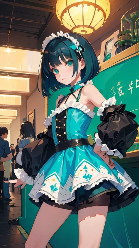 (short cute girl，small young student，young delicate girl）,（masterpiece，Top quality)，blue green lolita outfit，shorts，long black hair