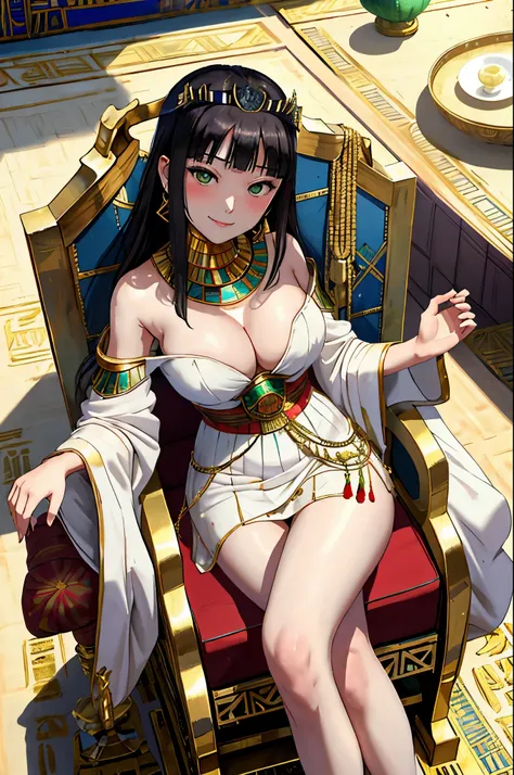 Masterpiece,Dia Kurosawa,beautiful ,arrogant,(sitting on throne),cleavage, thighs, (white exposing Egyptian dress), tiara,in Egyptian desert,smile ,(green eyes:0.9), crossed legs 