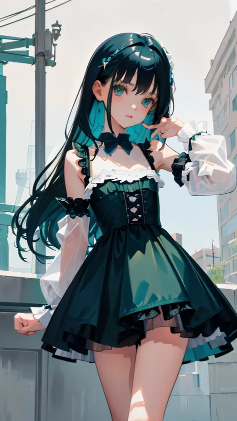 (short cute girl，small young student，young delicate girl）,（masterpiece，Top quality)，blue green lolita outfit，shorts，long black hair