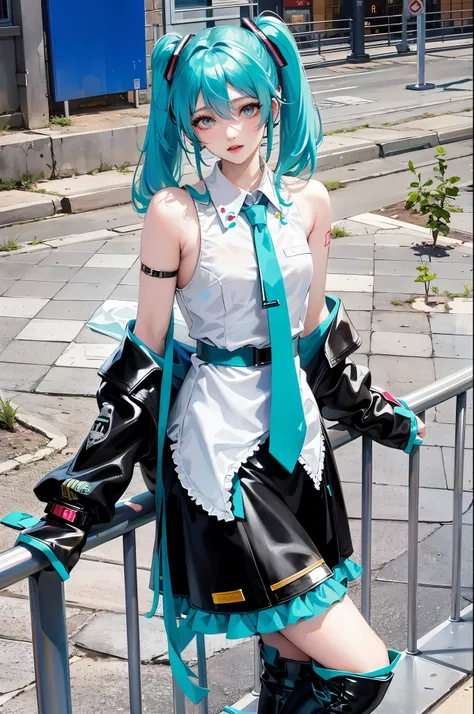 Arav posing on railing in costume and boots, hatsune future role play, anime girl role play, anime role play, hatsune future, futuredayo, future, singing voice, real life anime girls, role play, anime inspiration, role play photo, professional role play, r...