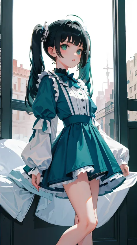 (short cute girl，small young student，young delicate girl）,（masterpiece，Top quality)，blue green lolita outfit，shorts，black hair twintails