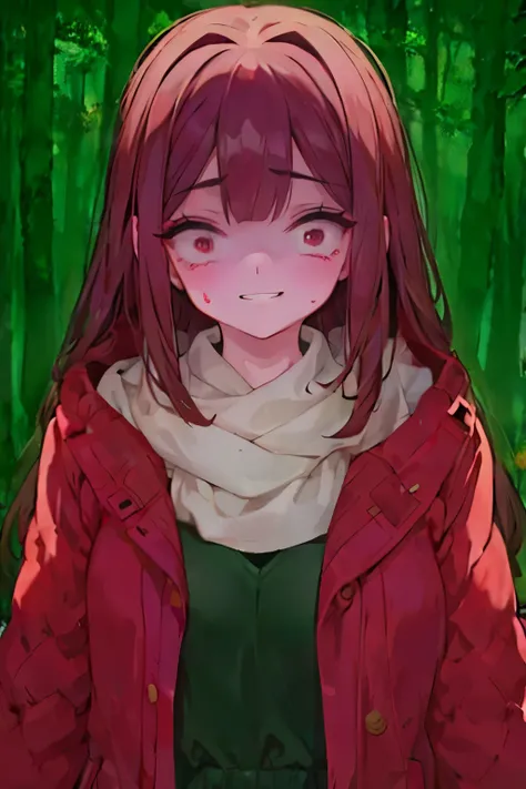 beautiful young lady wearing a red overcoat, scarves, gloves. in a middle of a snowstorm night time forest. dark place, no visible light. yandere face Blood smile obsessed