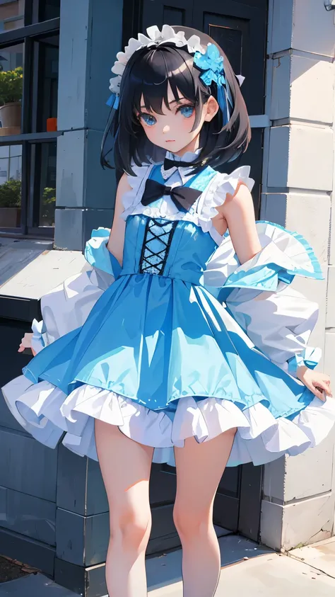 (short cute girl，small young student，young delicate girl）,（masterpiece，Top quality)，light blue lolita outfit，shorts，long black hair