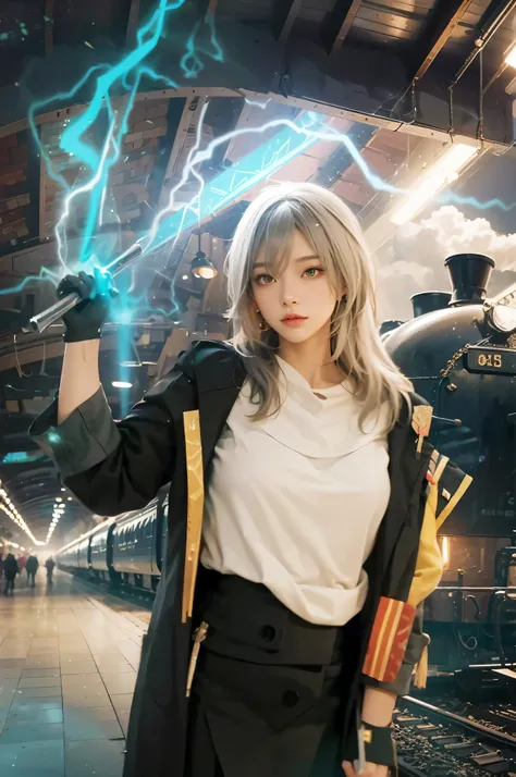 ((Stelle_HONKAI STAR RAIL)) ((Train background)),(MC_Game honkai Star rail),((realistic, photorealistic)),(highlight hair)), Light reflection, (( HD )),((upper body)), (((best quality, masterpiece))), (masterpiece) (best quality) (detail) (8k) (HDR) (wallp...