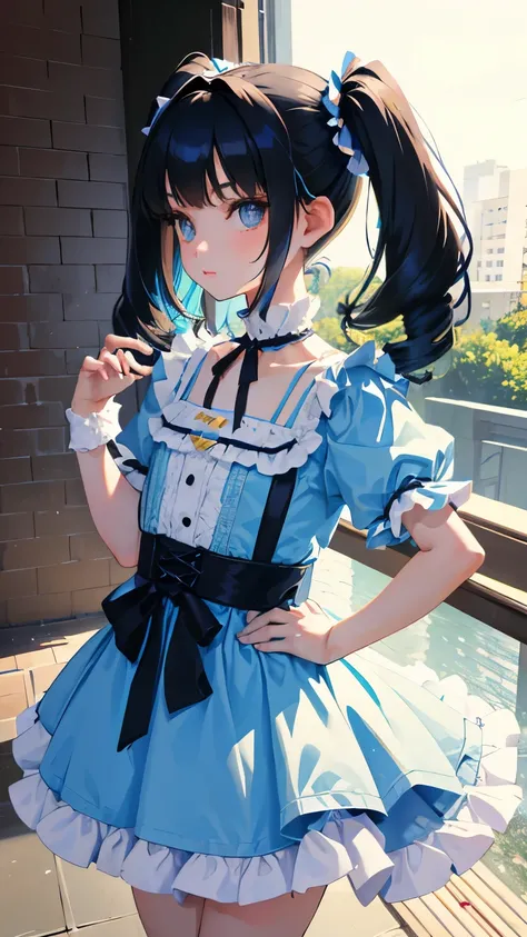 (short cute girl，small young student，young delicate girl）,（masterpiece，Top quality)，light blue lolita outfit，shorts，black hair twintails