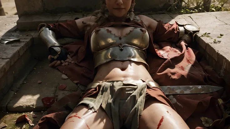 girl 1, exposed belly button, big breasts, femdom, bullying, holding a severed head of enemy, Blood on the body, Blood on the armor, Blood in the belly button, Blood in the stomach, Blood on the breasts, provocation, tall, long sword, slashing sword, splas...