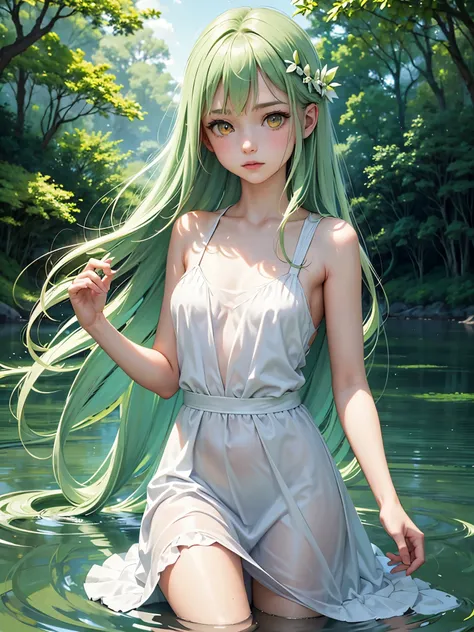 1 girl, solo, looking at viewer, fairy, long green flowing hair, transparent effect on hair, yellow eyes, white flowing dress, in the lake bathing, surrounded by sprites, lush forest background, best quality, highest quality, high resolution, stylized, (ma...