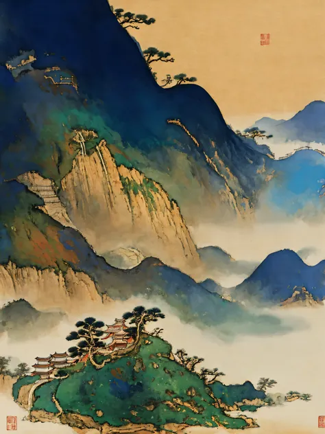 close-up of mountains with sky as background, chinese scenery,,song, author：wang ximeng,  chinese style painting, chinese arts, ...