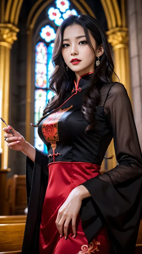 Super detailed、Japanese、charming beauty、seductive adult woman、Beautiful woman、sharp eyes、cool girl、wavy hair、long black cheongsam、wide sleeve、evilの幹部、evil depravity、brainwashing、Mind control、lipstick、grin、evilな表情、evil、empty eyes、evil、church at night、vampir...