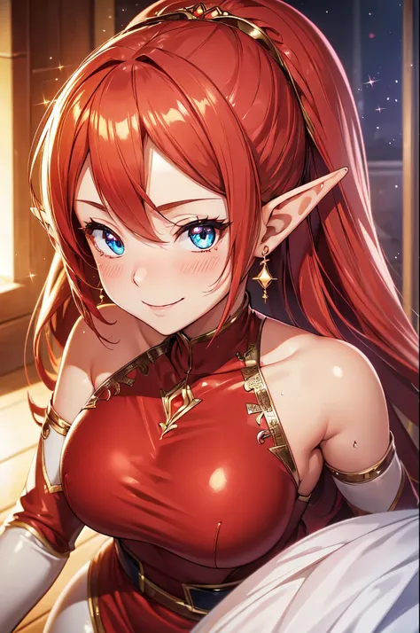 (High quality, High resolution, Fine details), Anime style, Villa, Enamel Bodycon Red Mini Dress, solo, curvy women, sparkling eyes, (Detailed eyes:1.2), Elf Ears, smile, blush, Sweat, Oily skin, shallow depth of field
