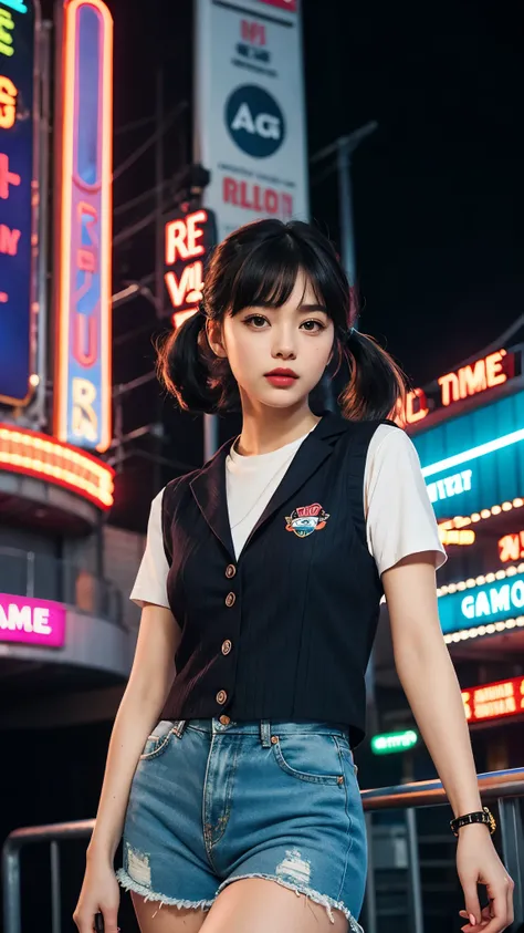 (Ultra-detailed eyes), (((textile shading))), (((Best Quality))), (((masterpiece))) sassy girl, (((realistic))), black hair, black hair, black hair, black hair, chic hairstyle, ((pigtail hair with bangs, gorgeous hair)), Pink eyes, (((retro futuristic Outf...