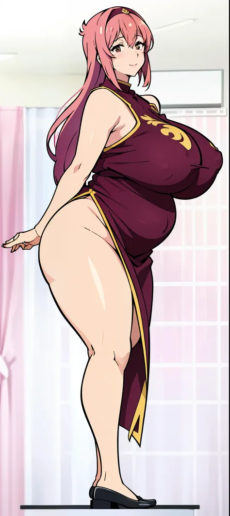 ((Cartoon image of a tall leggy fat woman in a monk&#39;s uniform)), tits, tits proportions, big breasts!!, Close-up of lower body, big breasts!, Close-up of intense gesture style, she is plump, round belly, huge breasts in covered sfw, junko enoshima, big...