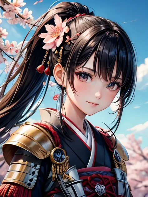 ((masterpiece)), ((best quality)), ((ultra-detailed)), 1girl, samurai, Japanese clothes armor, dynamic angle, black hair, ponytail, long hair, smile, looking at viewer, cherry blossom petals background, falling cherry blossom petals, face focus, front view...