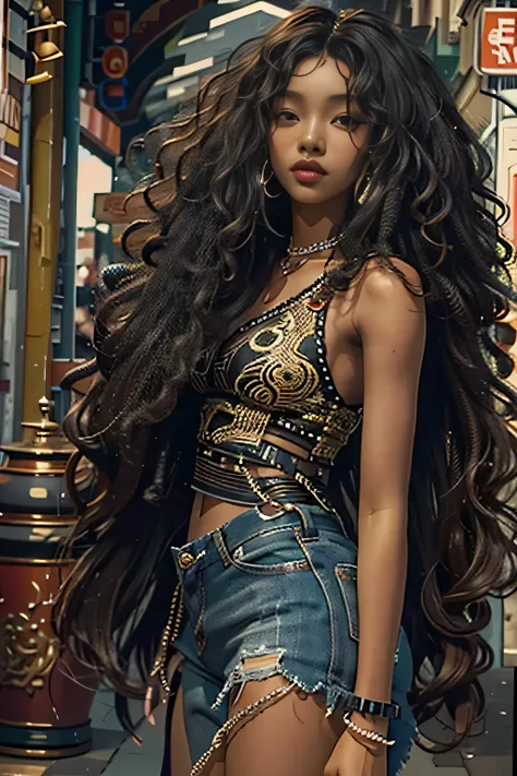 masterpiece, best quality, beautiful African and Asian mixed 17 year old, ebony skin female, long, frizzy, curly dark hair, perfect face, long hair, melanin, curly hair, street wear