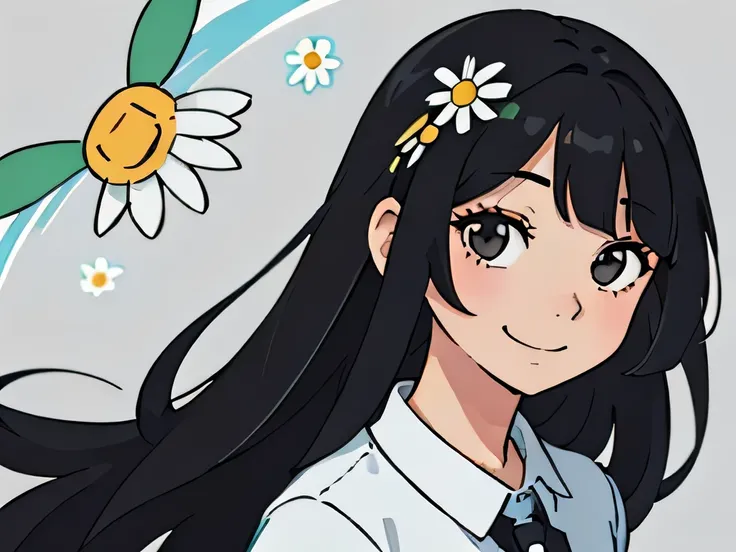 Perfect anime illustration, portrait of a girl having long black hair with bangs, posing with beautiful daisies, adorned, smiling