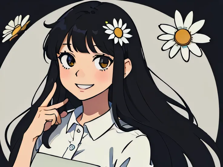 Perfect anime illustration, portrait of a girl having long black hair with bangs, posing with beautiful daisies, adorned, smiling