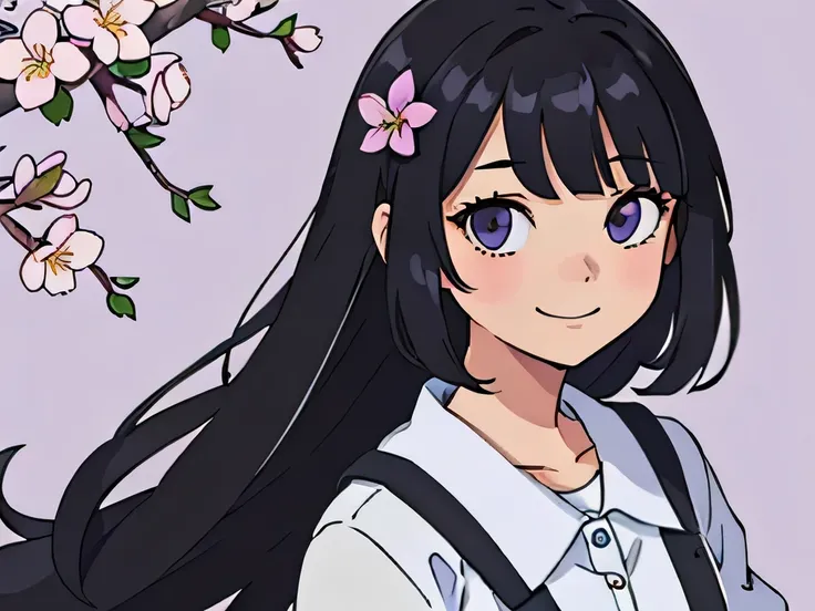 Perfect anime illustration, portrait of a girl having long black hair with bangs, posing with beautiful lilac flowers adorned, smiling, cute