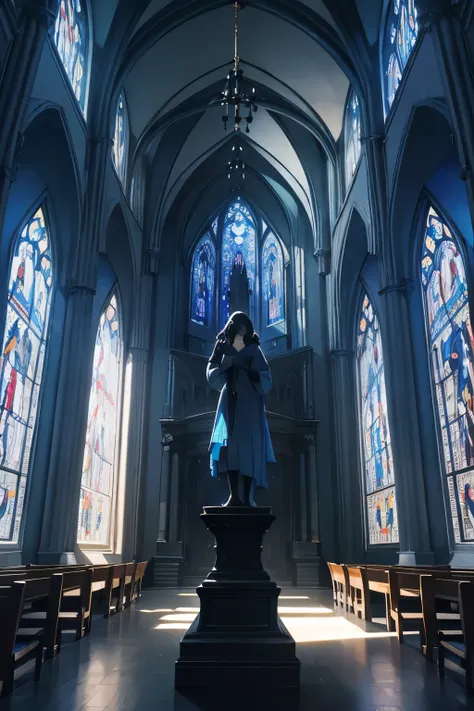 church, dark room, blue stained glass, masterpiece, very delicate, very detailed, Artistic, Sculptural works, Enhance contrast, highest quality, best image quality