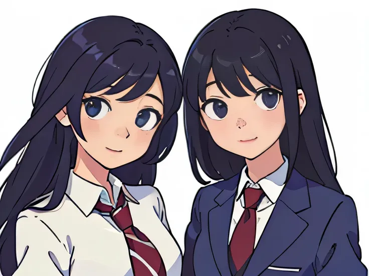 Perfect anime illustration,  half body portrait of two girls standing side by side, wearing school uniform