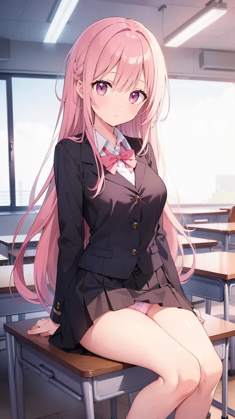 (highest quality), (masterpiece), pink hair, long hair, kind gal, put your elbows on the desk, sit on a chair, Nihilistic face, pink panties, I can see her panties under the desk., classroom, black uniform, black skirt