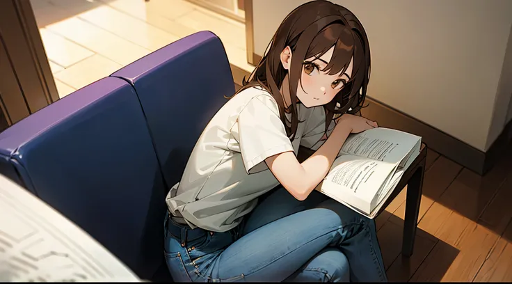 
a woman with brown hair, wearing a white shirt and jeans, in anime style, sitting on the chair, holding a paper, in a side perspective sees an empty table