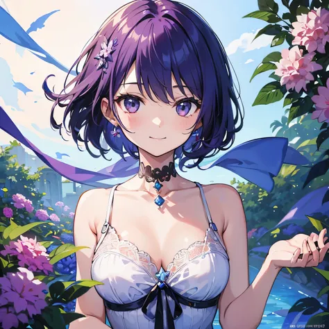 (T Masterpiece，4k wallpaper，best quality))、((girl１people))、(solo)、Shining and vivid，(purple hair)、(shortcut:1.3)、smile、flower garden