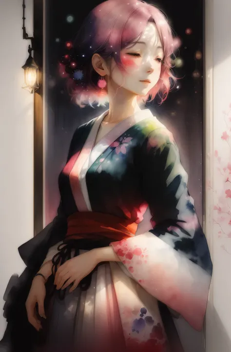 Watercolor Touch,a woman by AYAKO ROKKAKU, luminous design, pastel colours,spring lights,Artistic,black and deep red、