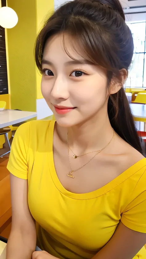 UHD, close-up of cute Korean female,Chest size 32 inches, ponytail, Wearing yellow t-shirt, necklace, with mobile phone in the cafe