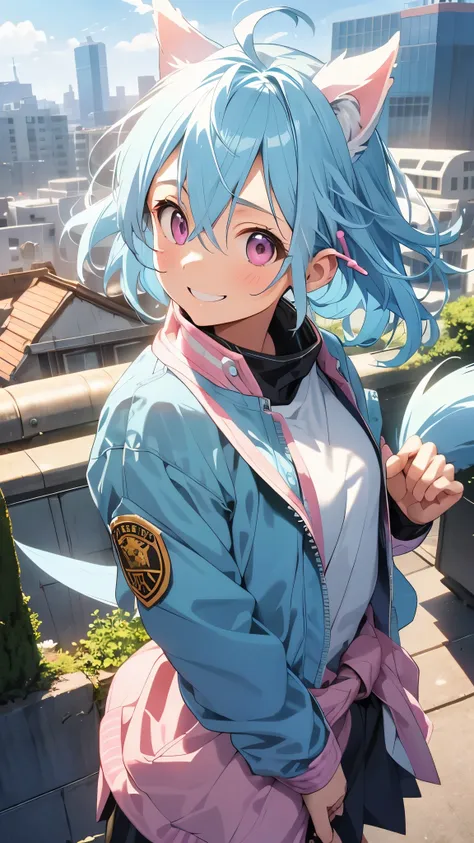 16 year old girl、wrap yourself in a battle jacket、casual style、small breasts、light blue hair、dog ears、pink eyes、profile、lots of acorns、smile、upper body close-up、Rooftop of urban building area