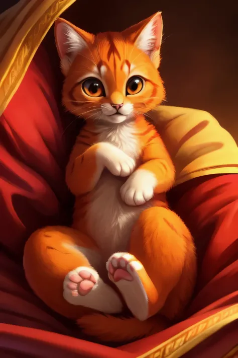 Draw a captivating scene of a big, orange cat gently cradling a small, orange kitten in his paws. The big cats fur is lustrous and densely-packed, each strand visible in the high-resolution, best quality image. The kittens fur is soft and fluffy, its tiny ...