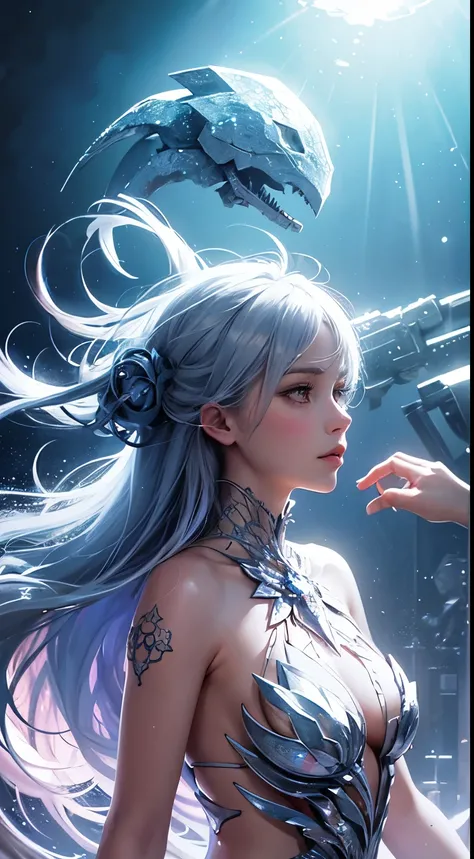 NSFW, crystal cover, upper body, side shot, alternative color, masterpiece, detailed illustration, realistic, pixiv top quality, exquisite, {{{cute 1girl}}}, super beauty merging with machine, elaborate shabby chic pattern, sparkly beautiful woman, half of...