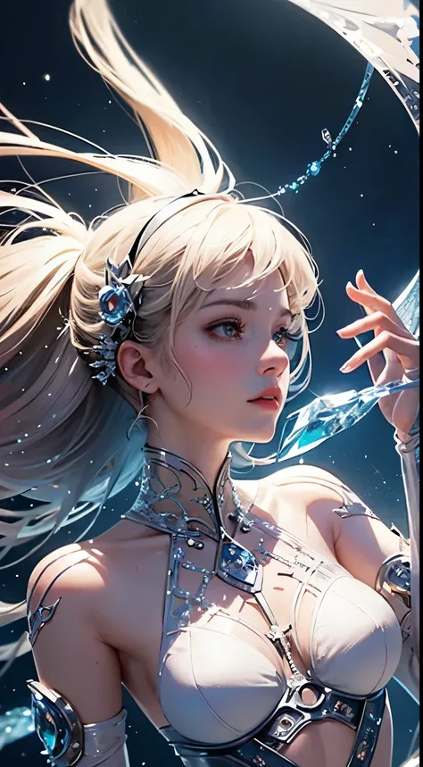 NSFW, crystal cover, upper body, side shot, alternative color, masterpiece, detailed illustration, realistic, pixiv top quality, exquisite, {{{cute 1girl}}}, super beauty merging with machine, elaborate shabby chic pattern, sparkly beautiful woman, half of...