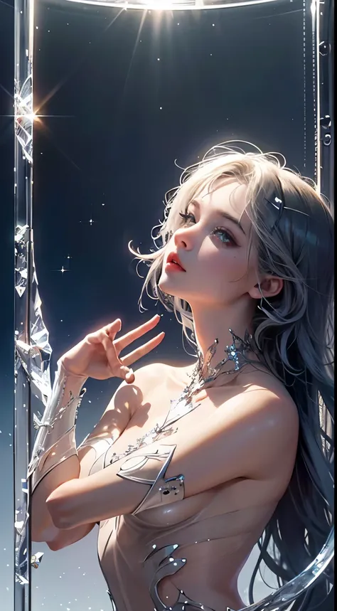 NSFW, crystal cover, upper body, side shot, alternative color, masterpiece, detailed illustration, realistic, pixiv top quality, exquisite, {{{cute 1girl}}}, super beauty merging with machine, elaborate shabby chic pattern, sparkly beautiful woman, half of...