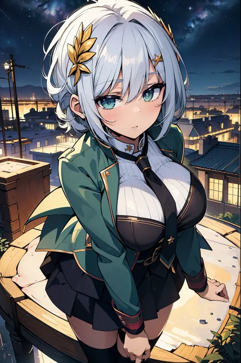 (best quality:1.3), (masterpiece:1.3), (illustration:1.3), (ultra-detailed:1.3), (mid shot:0.9), 1girl, short hair, white hair, green eyes, green blazer, black skirt, looking at viewer, hair ornaments, night sky, starry sky, long hair, large breasts, from ...