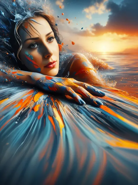 A woman with painted hands lies in the water at sunset, beautiful art uhd 4 k, realistische digitale Kunst 4k, realistische digitale Kunst 4 k, Beautiful digital artwork, 4k hochdetaillierte digitale Kunst, atemberaubende digitale Kunst, atemberaubende dig...