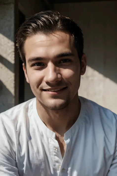 RAW photo, face portrait photo of 26 y.o man, unshaved face, wearing white shirt, happy face, hard shadows, cinematic shot, dramatic lighting