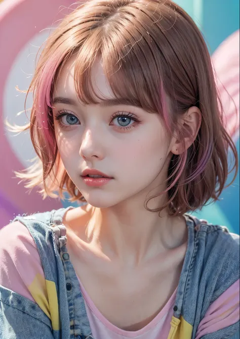 Psychedelic world、Wearing a patchwork casual shirt、Cute 1 girl、14 year old girl、big eyes、close-up photo of face、pink hair、（colorful gel background、fractal background）、perfect lighting、sharp focus、High definition、high resolution、High color rendering、High re...