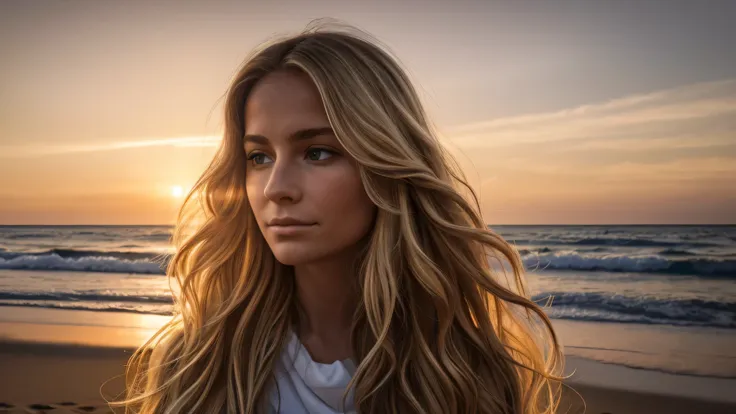 Imaginez le portrait dune femme au visage serein, qui porte des lunettes de soleil, with long wavy blonde hair, reflecting the golden light of dusk at the edge of&#39;une plage. Elle porte  un casque audio sur les oreilles, symbole de son lien avec la musi...