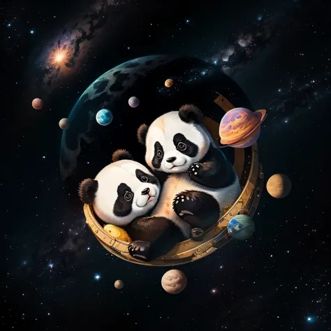 A cute panda lying in space, Surrounded by various celestial bodies. Pandas have big eyes, red face, lazy behavior, welcome, high detail diet.