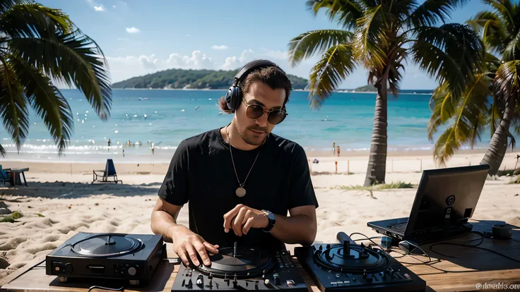 Imaginez un DJ cool sur la plage à 16 heures.m., avec des lunettes de soleil et un casque autour du cou. autour de lui, des palmiers et la mer au loin sous une lumière de fin daprèidi. The scene combines music and nature, capturant une ambiance détendue ma...