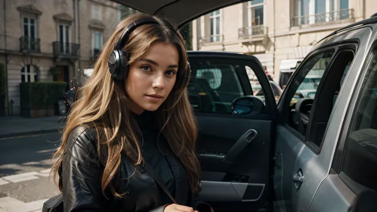 a very beautiful woman, regarde devant elle. Son regard plein de beauté inspire la confiance. Elle a longtemps, corrugated, dark blonde hair with highlights.. Elle porte un casque audio sur les oreilles car elle adore la musique.