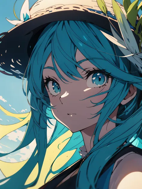 Blue haired anime girl in a straw hat and blue dress, artwork in the style of Gweiz, beautiful anime portrait, Gweiz, beautiful anime girl, beautiful anime style, teal hair anime girl, anime style. 8k, In Bowater&#39;s art style, beautiful digital illustra...