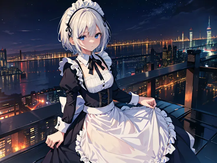 {{{{{a maid looking at the night view from the top of a high tower}}}}}, high quality background, highly detailed game backgroun...