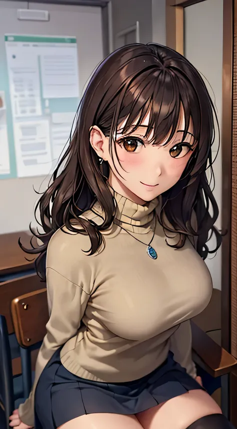 (table top, highest quality, High resolution, , perfect pixel, 4k,), 1 girl, single, alone, Beautiful woman、I could see the whole body、 ((wavy middle hair, bangs, brown hair)), ((brown eyes, beautiful eyelashes, realistic eyes)), ((detailed face, blush:1.2...