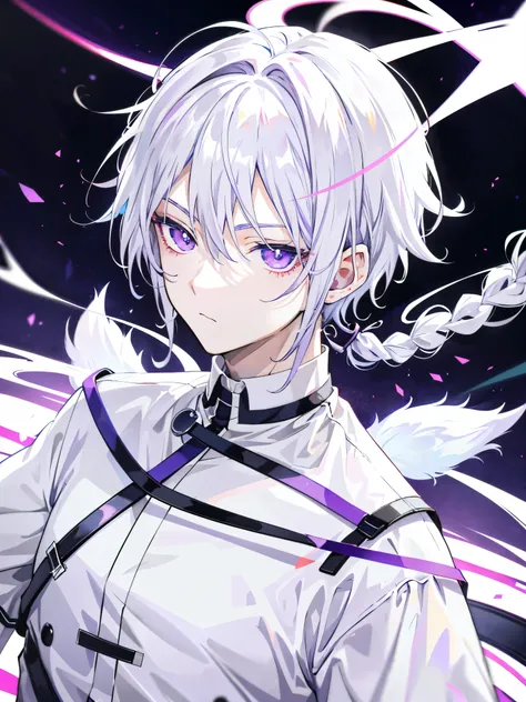 Anime boy with white hair and purple eyes, Close up,white-haired, short hair, braid, Ultra Detail,Haig Quality,1boy,matured male,Beautiful face, white shirt