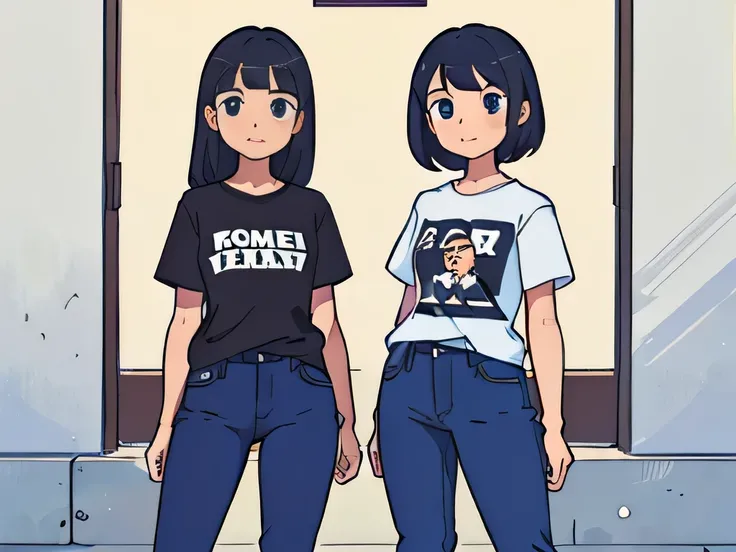 full body portrait of two girls standing straight, wearing t-shirt and jeans, looking into the camera