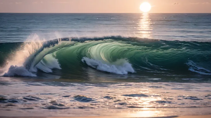 La lumière qui frappe la mère, les vagues et le soleil de fin de journée